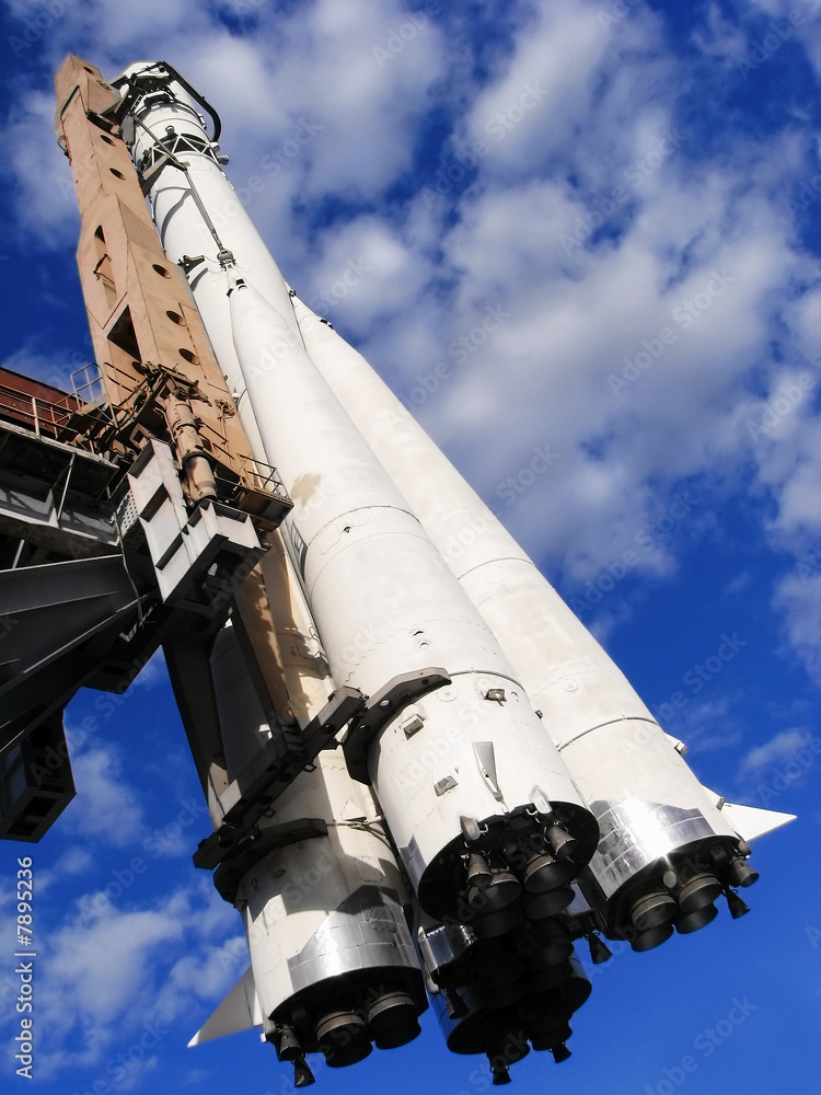 Fototapeta premium The legendary Russian space ship Vostok on sky background