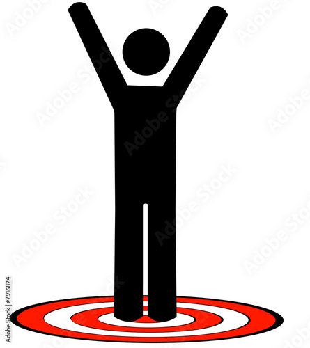 stick man on red target with arms raised up 