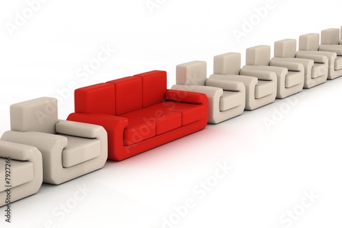 Row armchairs and red sofa ...