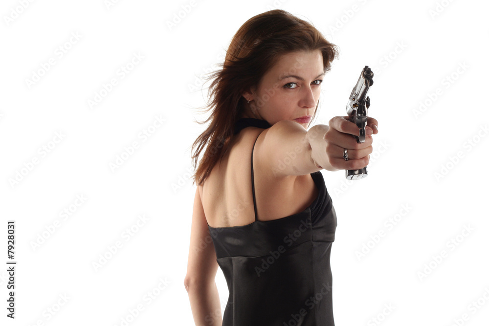 young woman with revolver isolated on white background young woman with revolver isolated on white background