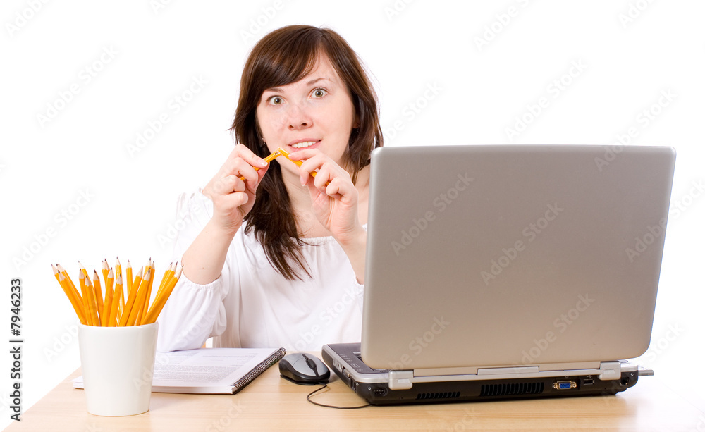 angry stressed office worker, isolated, broken pencil angry stressed office worker, isolated, broken pencil