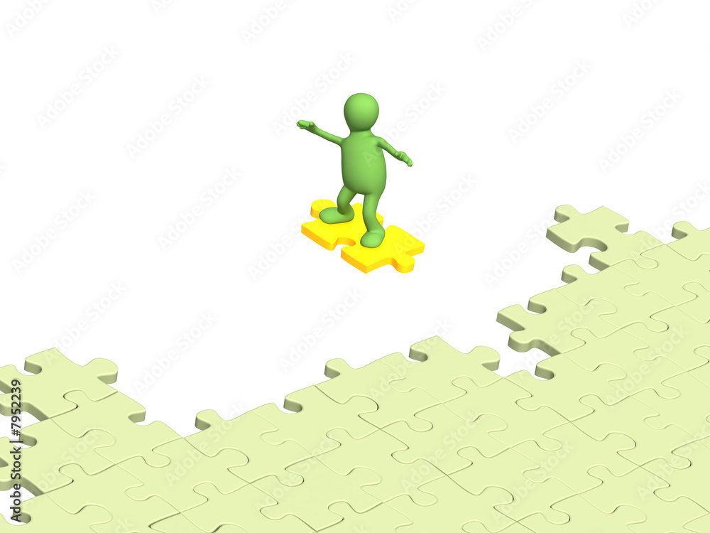 Fototapeta premium 3d person puppet sliding on slice puzzle