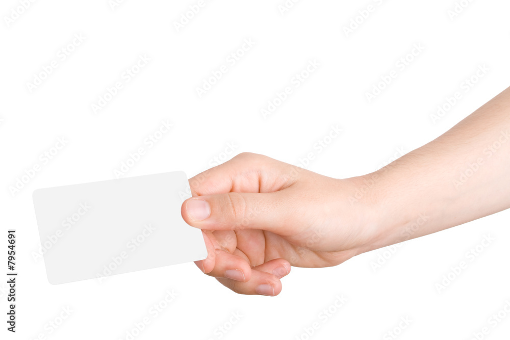 Hand holdind a business card isolated on white background.. Hand holdind a business card isolated on white background..