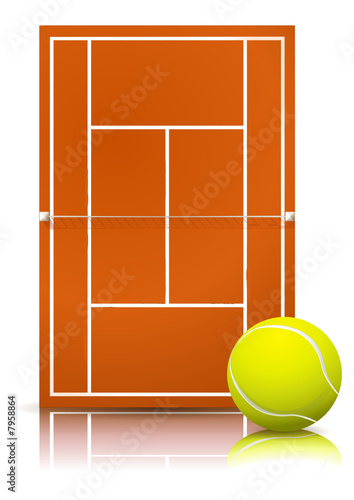 Court de tennis sur terre battue et sa balle (reflet)