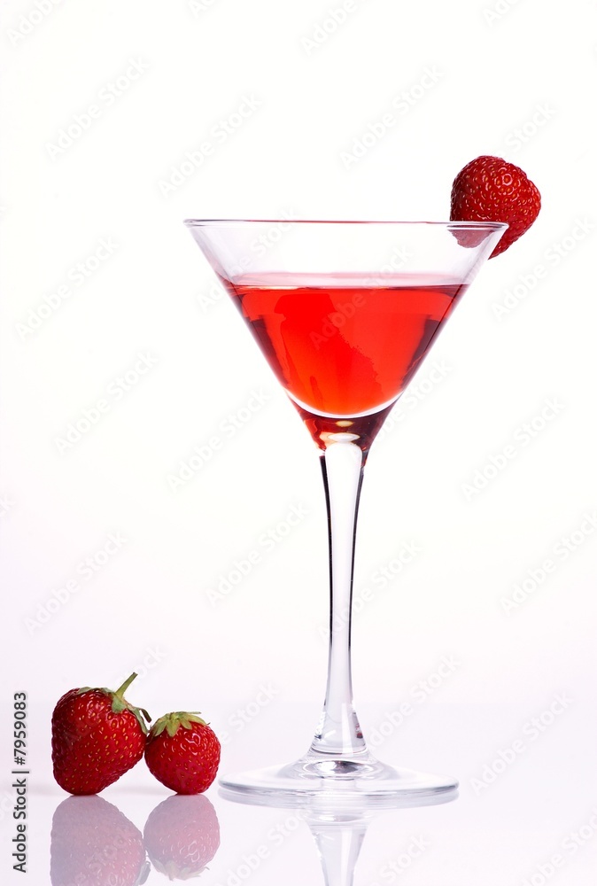 Red cocktail with strawberries on white background