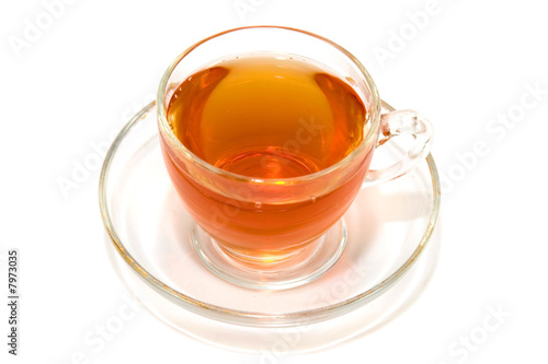Transparent cup of tea on a white background