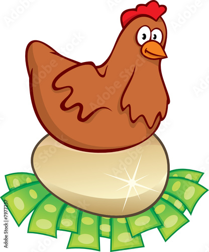 Hen sitting on golden egg hatching money