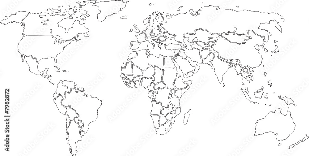 World map, contours only on White background. (Vector)