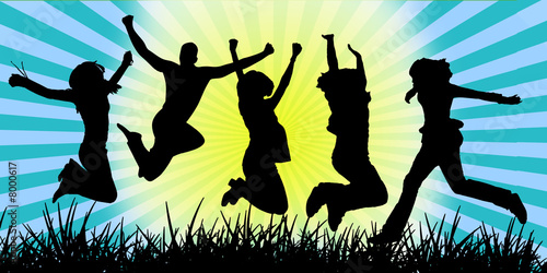 joyful young people jumping