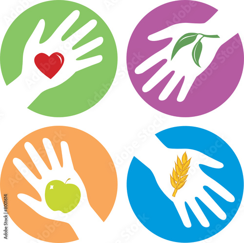 health related hands with apple, heart, wheat and plant
