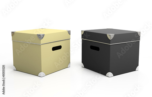 Black and white cardboard boxes isolated on background photo