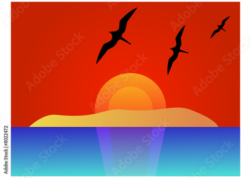 Sonnenuntergang mit Insel und Fregattvögeln
