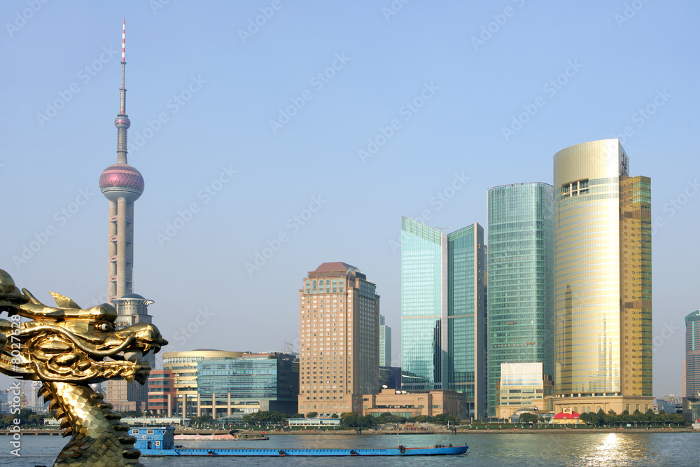 Fototapeta premium Pudong skyline at sunset, Shanghai, China