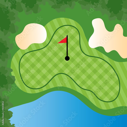 Golf Course Hole with bunkers and water