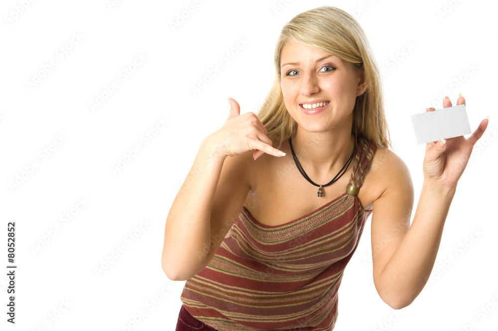 Portrait of a beautiful blonde girl holding a white card. Portrait of a beautiful blonde girl holding a white card.