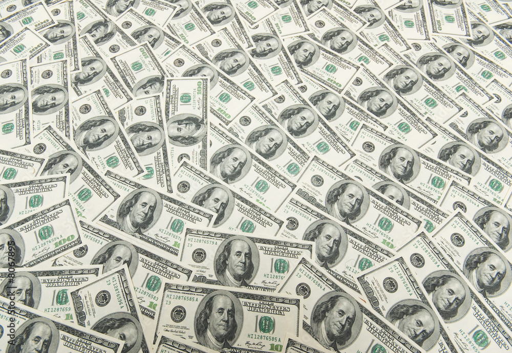 Background with many american hundred dollar bills