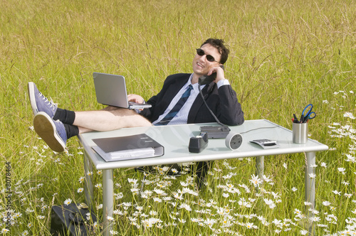 Büro auf der Wiese, Chef telefoniert