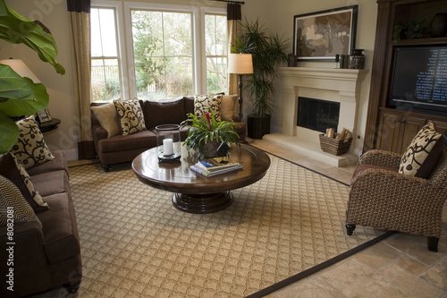 Spacious living room with a fireplace.