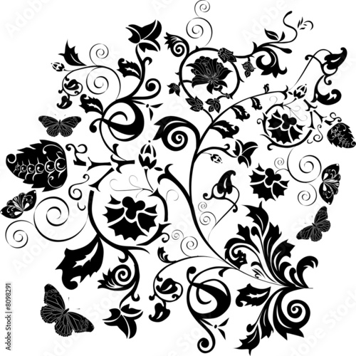 black pattern with flowers and butterflies