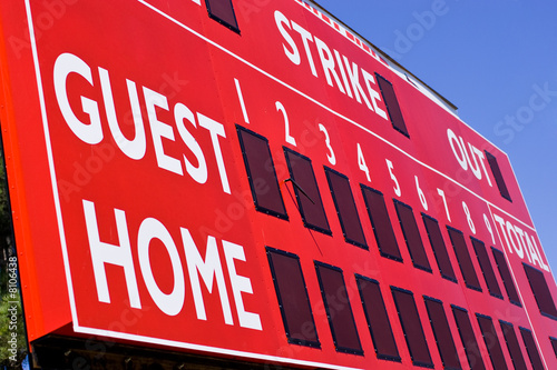 Red Baseball Scoreboard. Cropped. Low View/Angle.