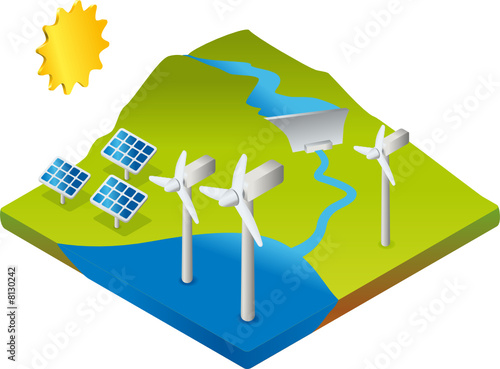 Landschaft mit Windkraft, Solar und Wasserkraftwerk 