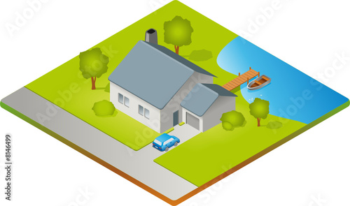 Einfamilienhaus mit Auto und Boot