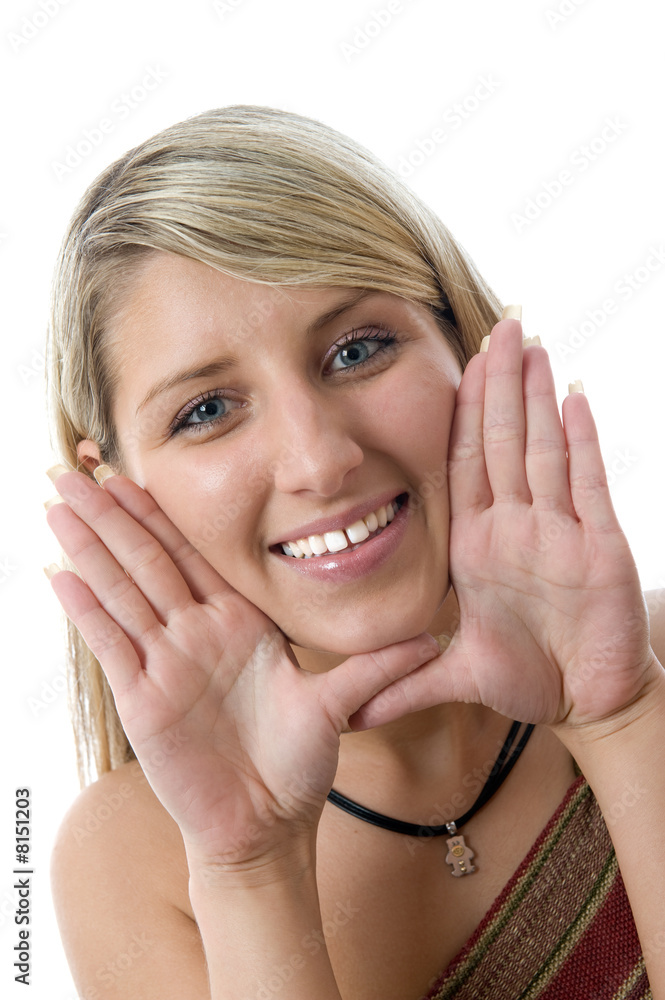 Beautiful young woman framing face with hands. Beautiful young woman framing face with hands.