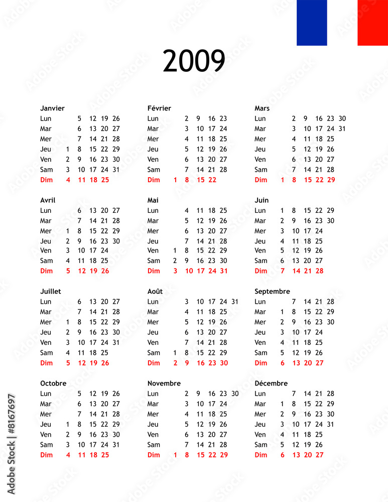 2009 calendar template in FRENCH Stock Illustration Adobe Stock