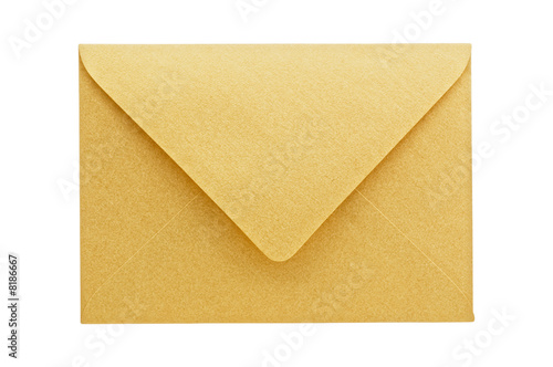 Golden envelope on white background, close up, studio shot.