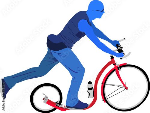 blue man riding red kickbike scooter