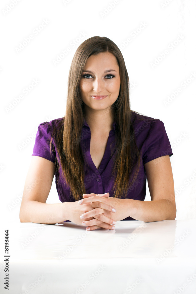 young smiling businesswoman on a white table young smiling businesswoman on a white table