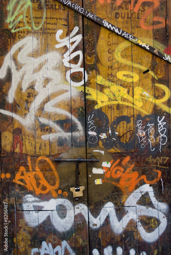 Old wooden door covered in graffiti