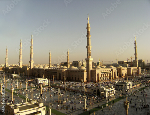 Nabawi Mosque, Medina, Saudi Arabia in the evening.
