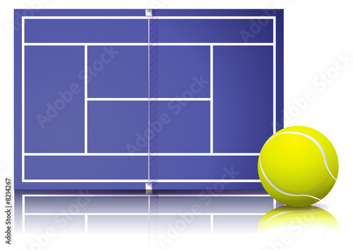 Court de tennis sur synthétique et sa balle (reflet paysage)