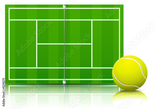 Court de tennis sur gazon et sa balle (reflet paysage)