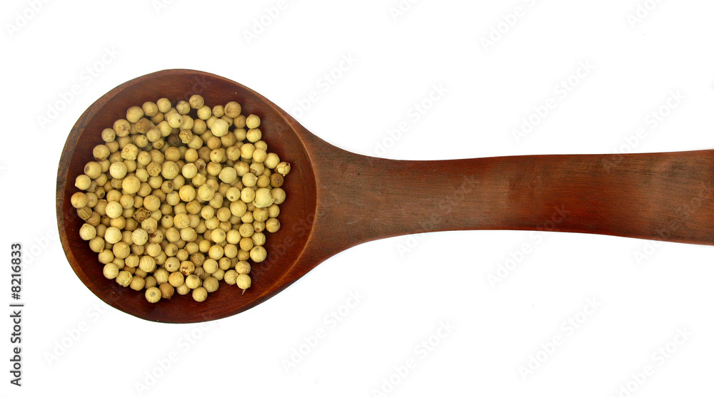 Pepper white peppercorns in wooden spoon Pepper white peppercorns in wooden spoon