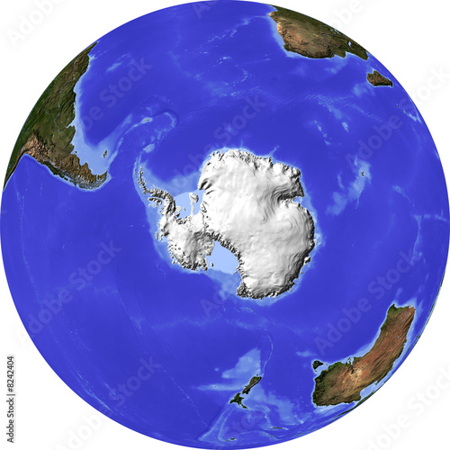 Globe, shaded relief, centered on the south pole