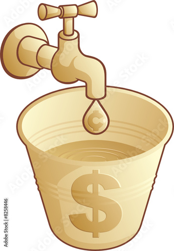 Golden tap dripping cents in a bucket of dollars