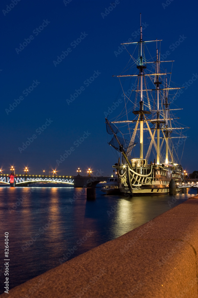 Three-masted sailing ship in Saint Petersburg embankment