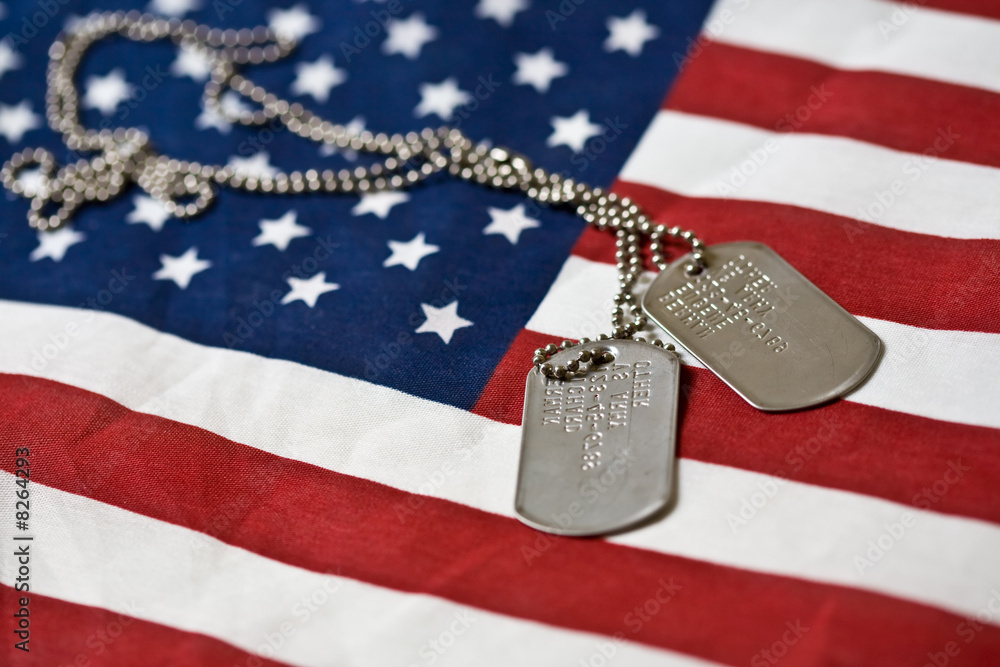 Naklejka premium Dog tags on american flag