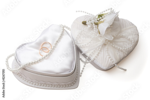 Wedding box with rings and pearl beads, isolated