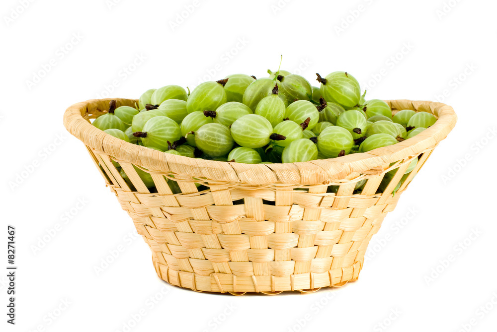 Wicker basket filled with green gooseberries Wicker basket filled with green gooseberries