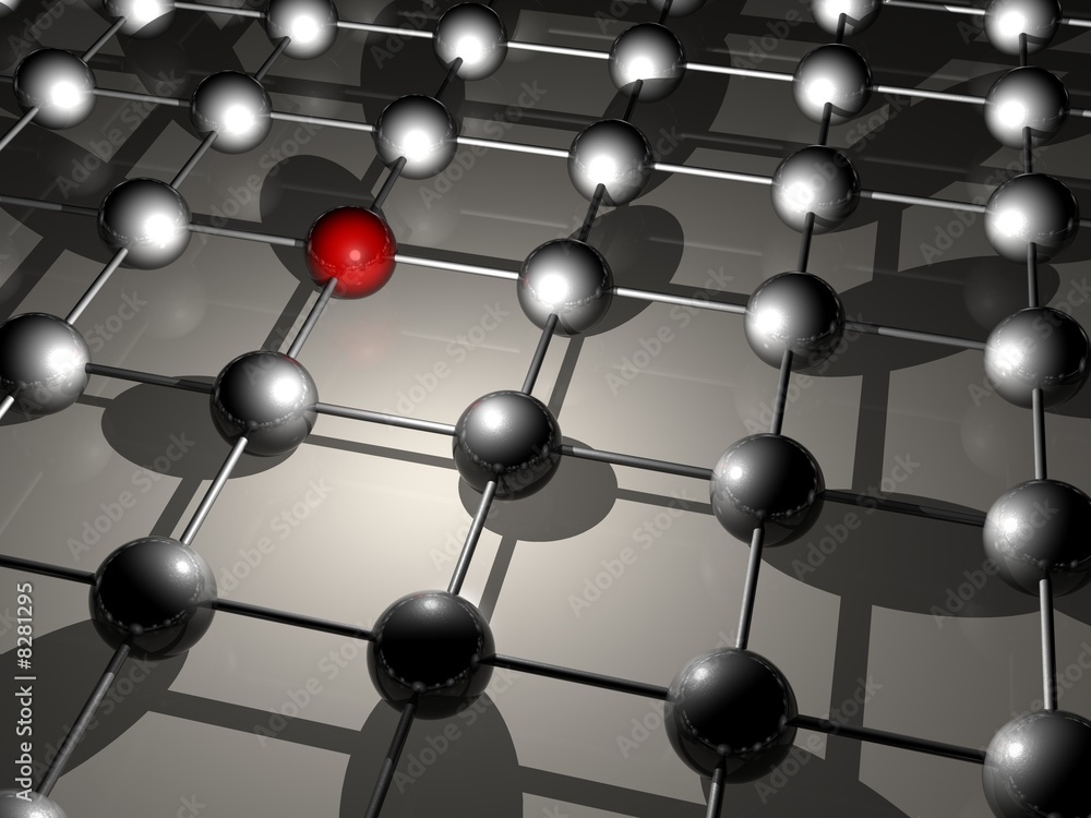 3d connected metallic balls with a red ball standing out 3d connected metallic balls with a red ball standing out