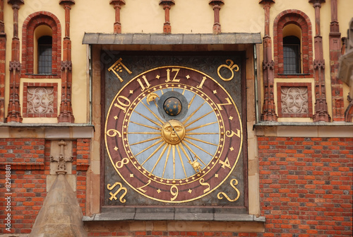Astronomical clock on city tower in Wroclaw, Poland