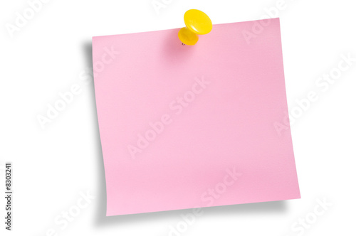 Pink remainder note on white background, with tack.