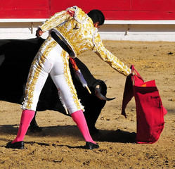 Poster Stierenvechten Matador leidt stier door arena  © Clarence Alford