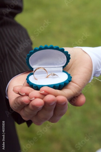 Groom and bride hold rings