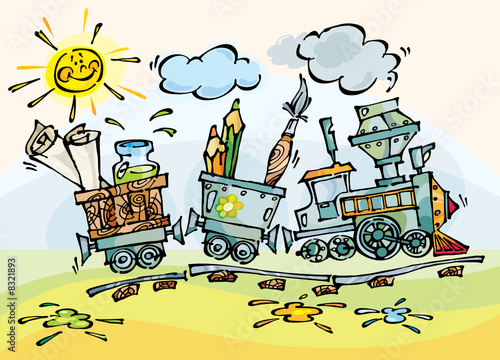 Baby train with pencils and brushes