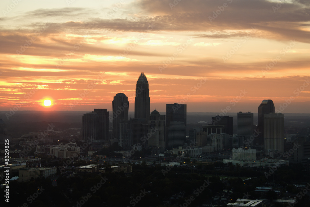 Cityscape at dusk.