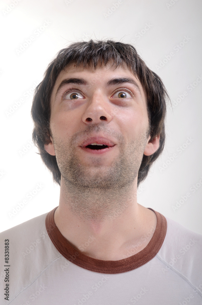surprised man's face look up